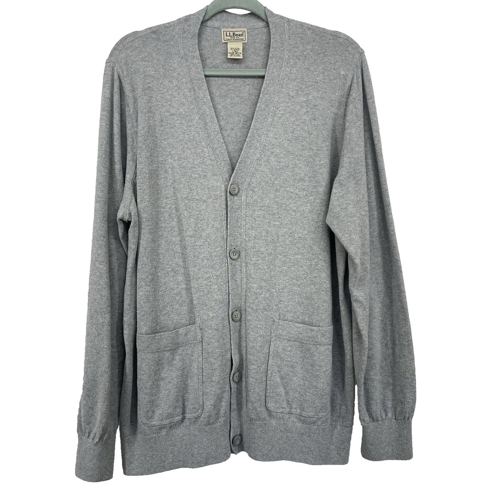 LL Bean Men's‎ Size L TALL Cardigan Sweater Cotton Cashmere Blend Gray Preppy